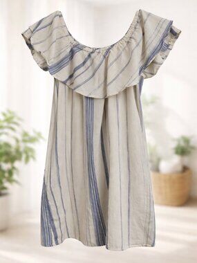 Girl Krazy Off Shoulder Dress Small Blue Stripe Ruffle Cotton Boho Summer Pocket